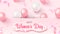 Happy Women`s Day text design with custom shape, pink and white air balloons, falling foil confetti on rosy background