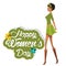 Happy womens day cute girl green dress