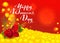 Happy womens day greeting card. Flowers red rose and yellow mimosa. Handwritten text