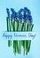 HAPPY WOMENS DAY Postcard layout. Spring modern still life. Blue muscari flowers growing from rectangular cut in paper on blue