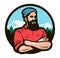 Happy woodcutter, lumberjack with arms crossed on chest. Cartoon vector illustration