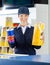 Happy Worker Holding Popcorn And Drink Cinema