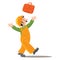 Happy worker in jumpsuit throws up a suitcase