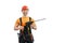 Happy worker - repairman or builder with construction tool - hammer drill percussion perforator in uniform