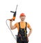 Happy worker - repairman or builder with construction tool - hammer drill percussion perforator in uniform