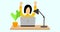 Happy, working woman sitting at table with laptop, 4k video, animated and animation, alpha matte channel. Remote work, gets the go