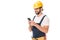 happy workman in hard hat using smartphone