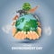 Happy world environment day and earth day poster. two hands holding with glob and animals. vector illustration design