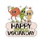 Happy World Food Day greeting card or banner template. Veggies friends characters in groove retro cartoon style