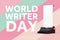 Happy World Writer Day Concept. Old Vintage Retro Pink Typewriter with Long White Blank Paper with Writer Day Sign. 3d Rendering