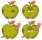 Happy Worm In A Grumpy Rotten Green Apple Fruit Cartoon Mascot Characters Series Set 2. Collection