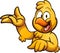 Happy yellow cartoon chicken with hand up