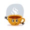 Happy yellow cartoon verctor cup of hot tea. Small cozy ceramic cup with smoke