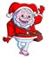 The happy yeti dwarf with the santa claus costume is waving the hand and greeting the people