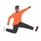 Happy young african american man jumping flat vector illustration. Man having fun, dancing and jumping with hands up in the air.