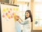 Happy young asian businesswoman with colored sticky notes ,posted notes on white board with erasable marker in office.Start up