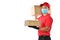 Happy young Asian delivery man in red uniform, medical face mask, protective gloves carry cardboard box in hands isolated on white