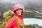 Happy young asian hiker woman hiking portrait