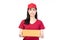 Happy young Asian woman delivery in red shirt standing with parcel post box isolated on white background