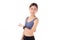 Happy young asian woman looking smartwatch for exercise and aerobics with cardio isolated.