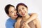 Happy Young asian women lgbt couple  on white background. love and pride month concept