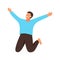 Happy young beautiful man jumping flat vector illustration. Man having fun, dancing and jumping with hands up in the air. Happy