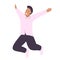 Happy young beautiful man jumping flat vector illustration. Man having fun, dancing and jumping with hands up in the air. Happy