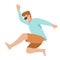 Happy young beautiful man in sunglasses jumping flat vector illustration. Man having fun, dancing and jumping with hands up in the