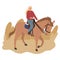 Happy young blonde woman sitting on brown horse back and riding