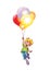 Happy young boy flying with colored balloons on white background. Vector illustration. Childhood, happiness concept