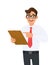 Happy young business man in eye glasses holding clipboard and pointing finger. Trendy person carrying document, file, checklist.