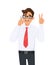 Happy young business man in formal speaking/talking on the mobile, cell or smart phone. Male character gesturing or making victory