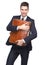 Happy young business man holding leather bag