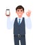 Happy young business man in vest suit showing a blank screen mobile phone and gesturing okay, OK sign. Person holding smartphone.
