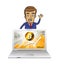 Happy young businessman with laptop with golden bitcoin cryptocu