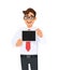 Happy young businessman showing tablet in horizontal view. Trendy person holding digital tab. Male character design illustration.