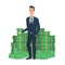 Happy young businessman standing near a huge pile of green