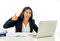 Happy young businesswoman working on her computer on her desk in satisfied at work and successful woman isolated on white