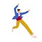 Happy young carefree man jumping or stepping forward with fun and joy. Active smiling guy feeling freedom. Colored flat