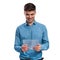 Happy young casual man holding a transparent futuristic tablet