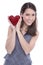 Happy young caucasian woman holding red heart - isolated on Whit