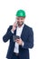 Happy young construction manager calling and using tablet isolated