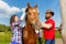 Happy young couple brushing mane of their horse