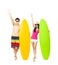 Happy young couple holding surfboard