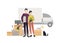 Happy young couple moving into a new house with things. Cartoon illustration in flat style.