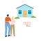 Happy young couple standing and looking at house for sale vector illustration