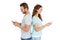 Happy young couple text messaging on mobile phone