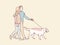 Happy young couple walking their dog simple korean style illustration
