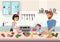 Happy young family cooking. Father, mother and daughter kid cook dishes in kitchen cartoon vector illustration.