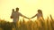 Happy young family of farmers with child, are walking on a wheat field. Healthy mother, father and little daughter